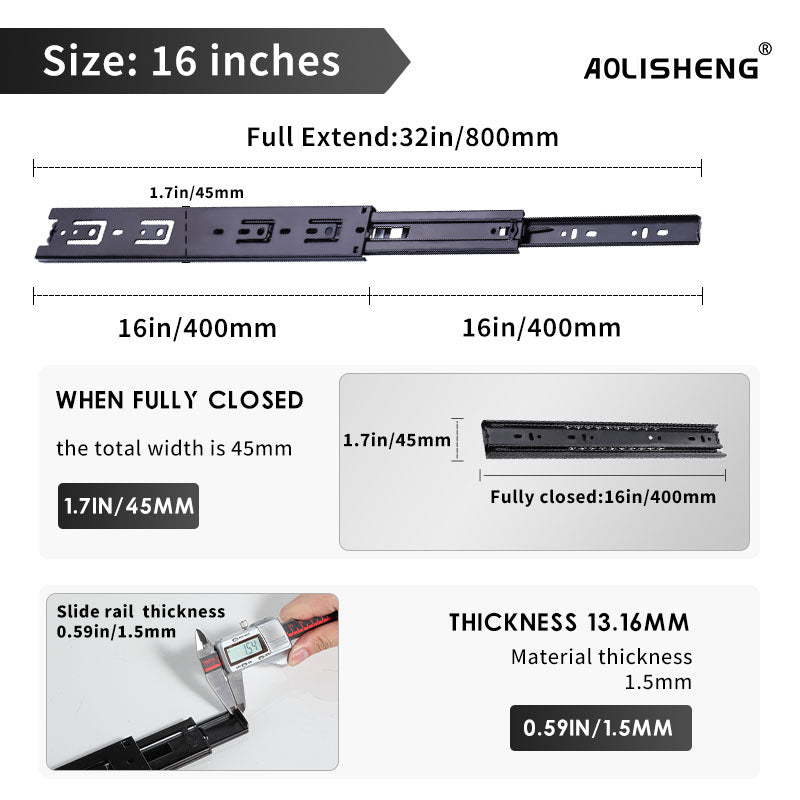 AOLISHENG 100lbs Push to Open Full Extension Side Mount Drawer Slides 3 Pair - F1245